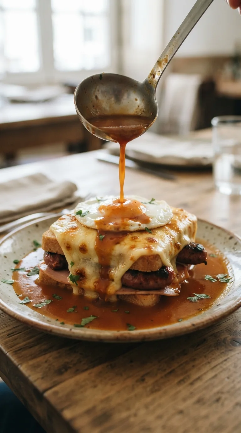Sauce tomate et bière versée généreusement sur la francesinha avant service