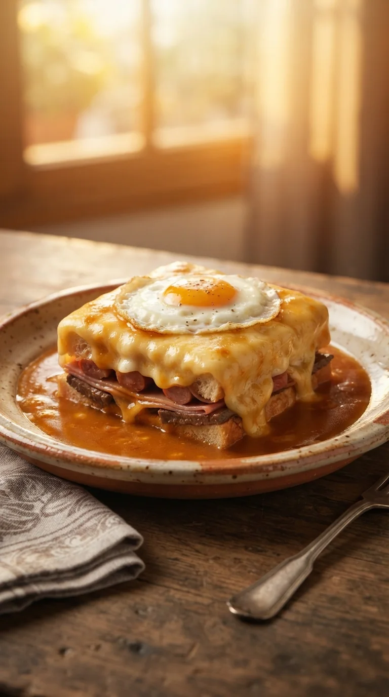 Francesinha portugaise nappée de sauce, œuf au plat et fromage fondu bien visibles