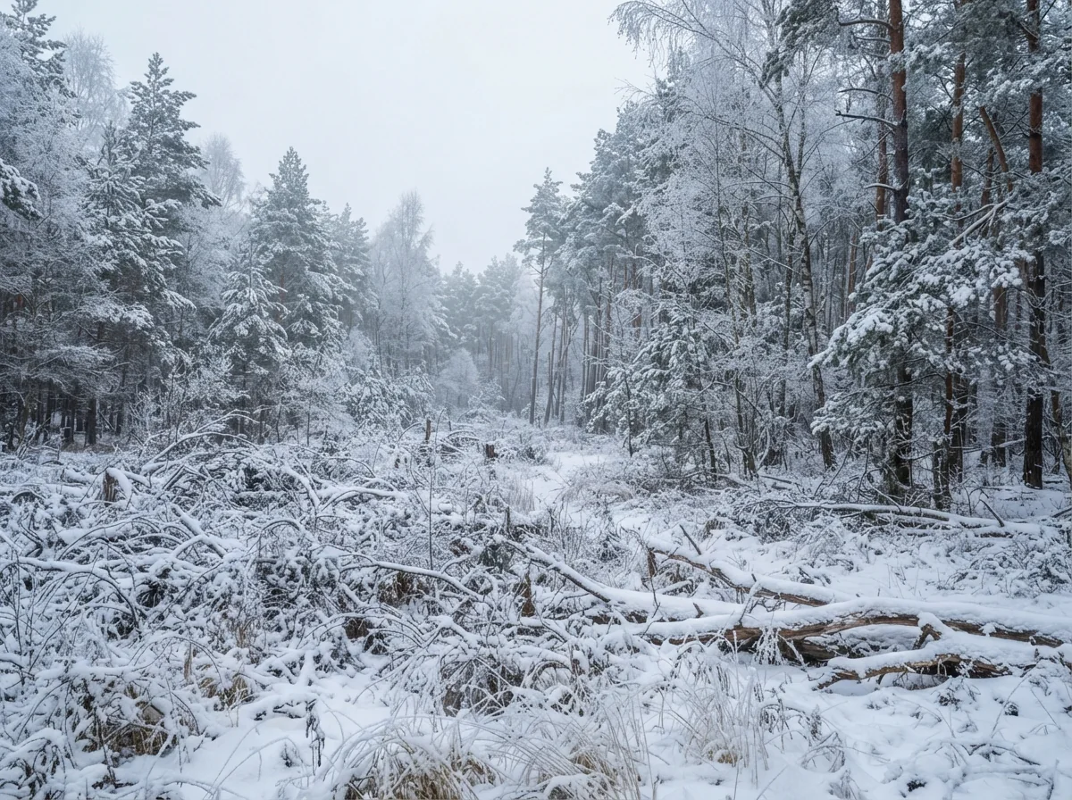 Forêt polonaise enneigée en hiver, paysage typique associé au bigos
