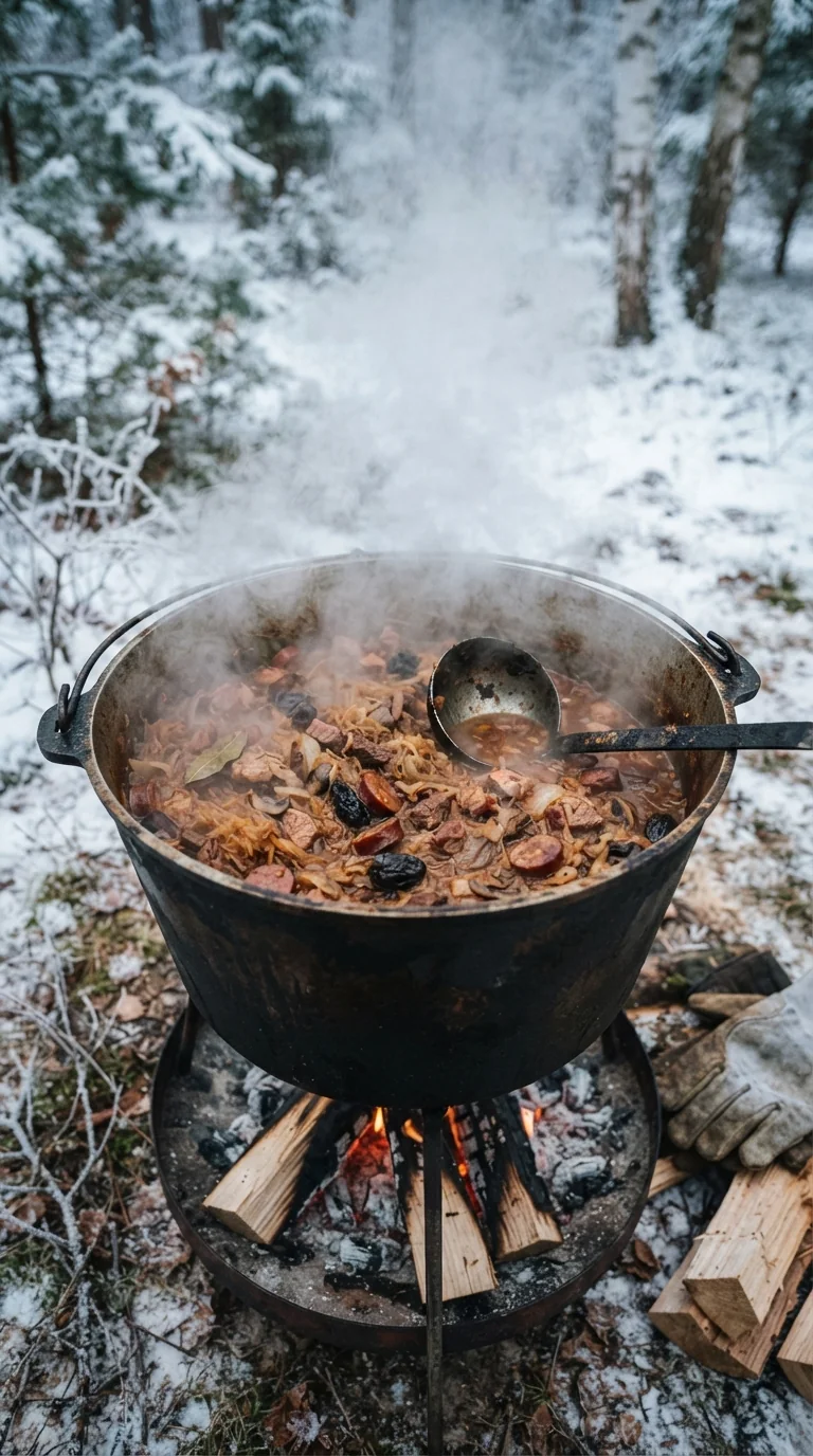 Grand chaudron de bigos mijotant lentement sur un feu doux en extérieur