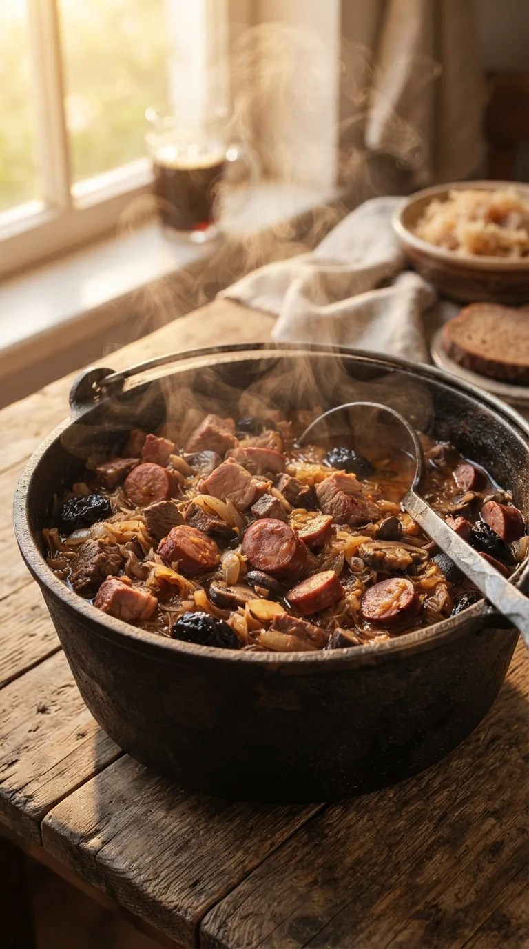 Bigos polonais fumant dans un chaudron en fonte, choucroute et morceaux de viande bien visibles