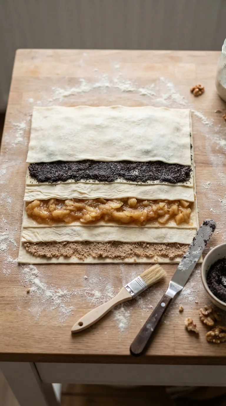 Couches de pâte et de garniture de flódni superposées avec précision avant cuisson