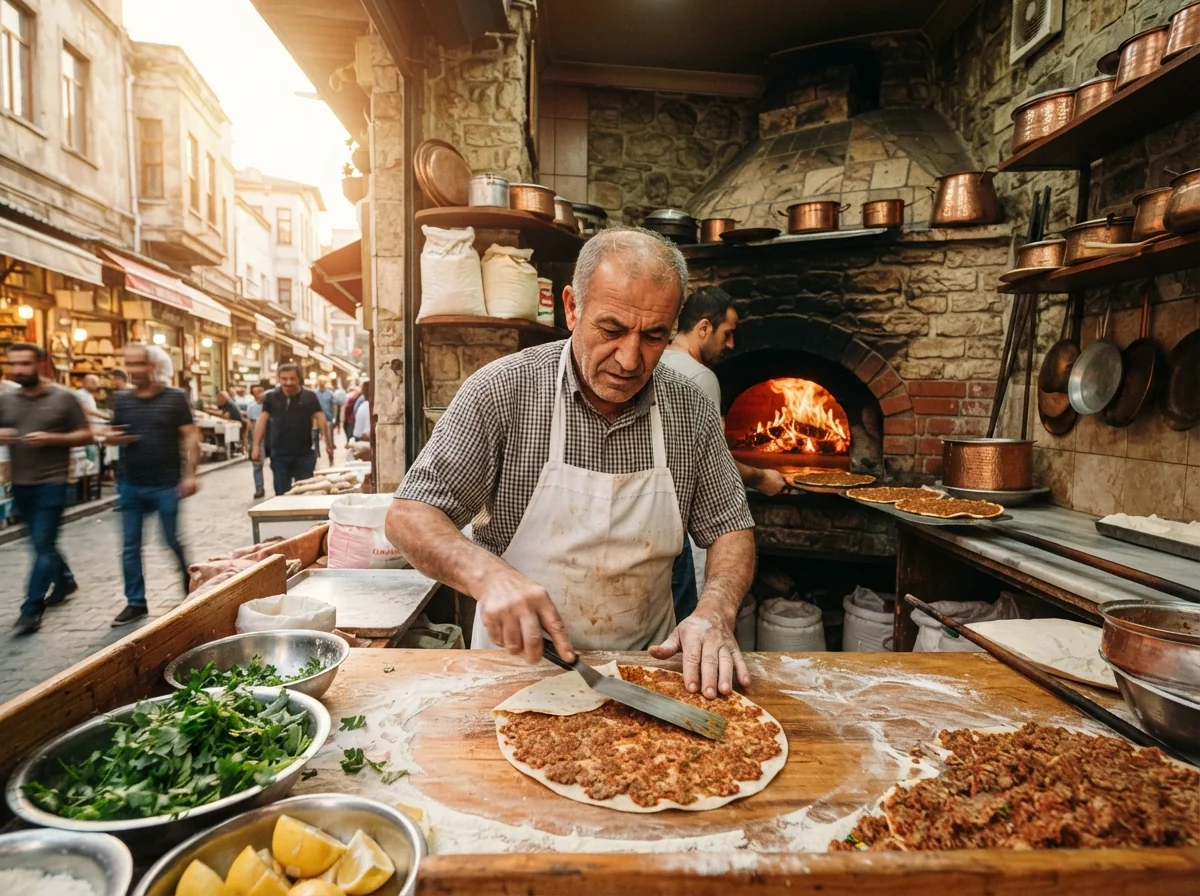 Vendeur de rue préparant du lahmacun dans une échoppe traditionnelle d’Istanbul