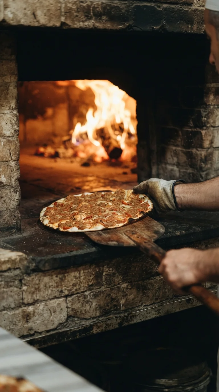 Pâte fine de lahmacun glissée dans un four à bois traditionnel turc