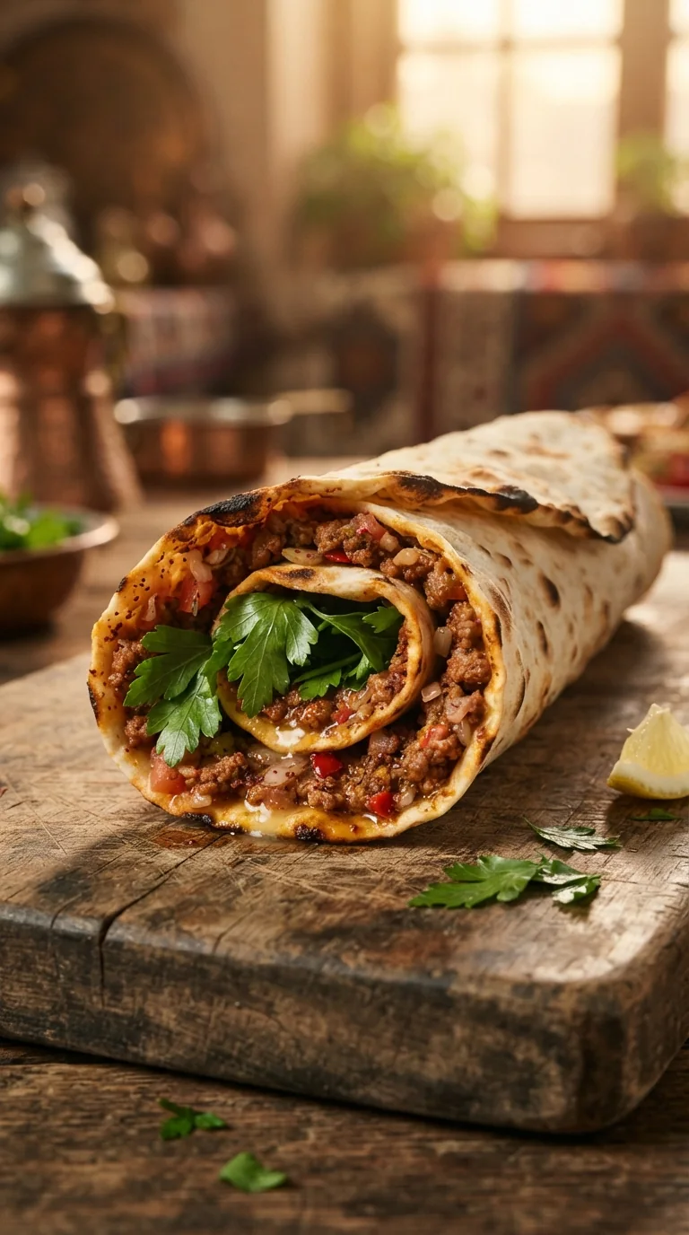 Lahmacun turc roulé avec persil et citron, garniture de viande hachée épicée visible