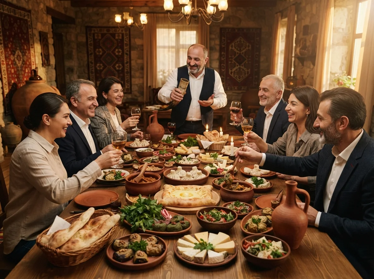 Table géorgienne dressée pour un supra traditionnel, repas partagé entre amis