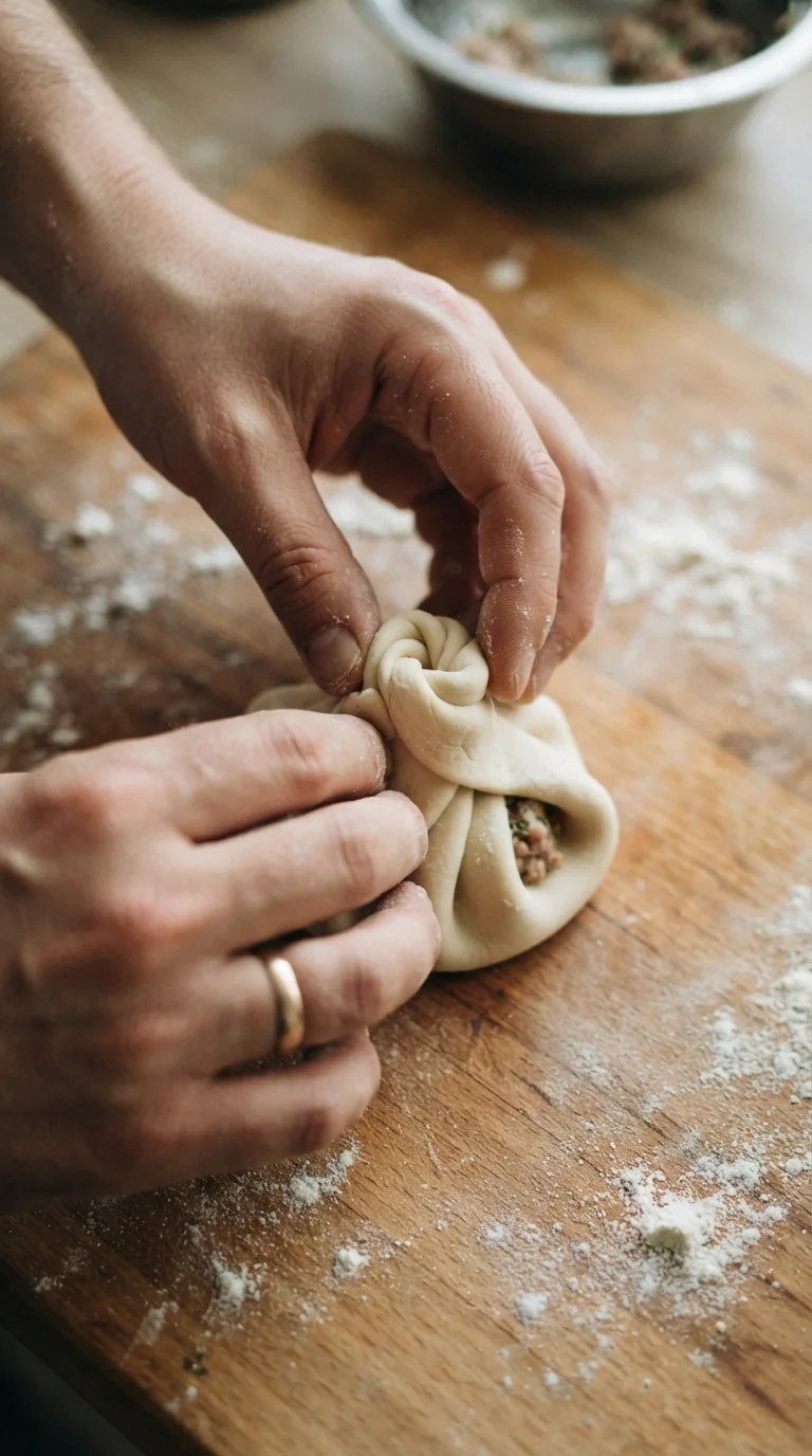 Pâte de khinkali tordue avec précision pour former le pli caractéristique du sommet