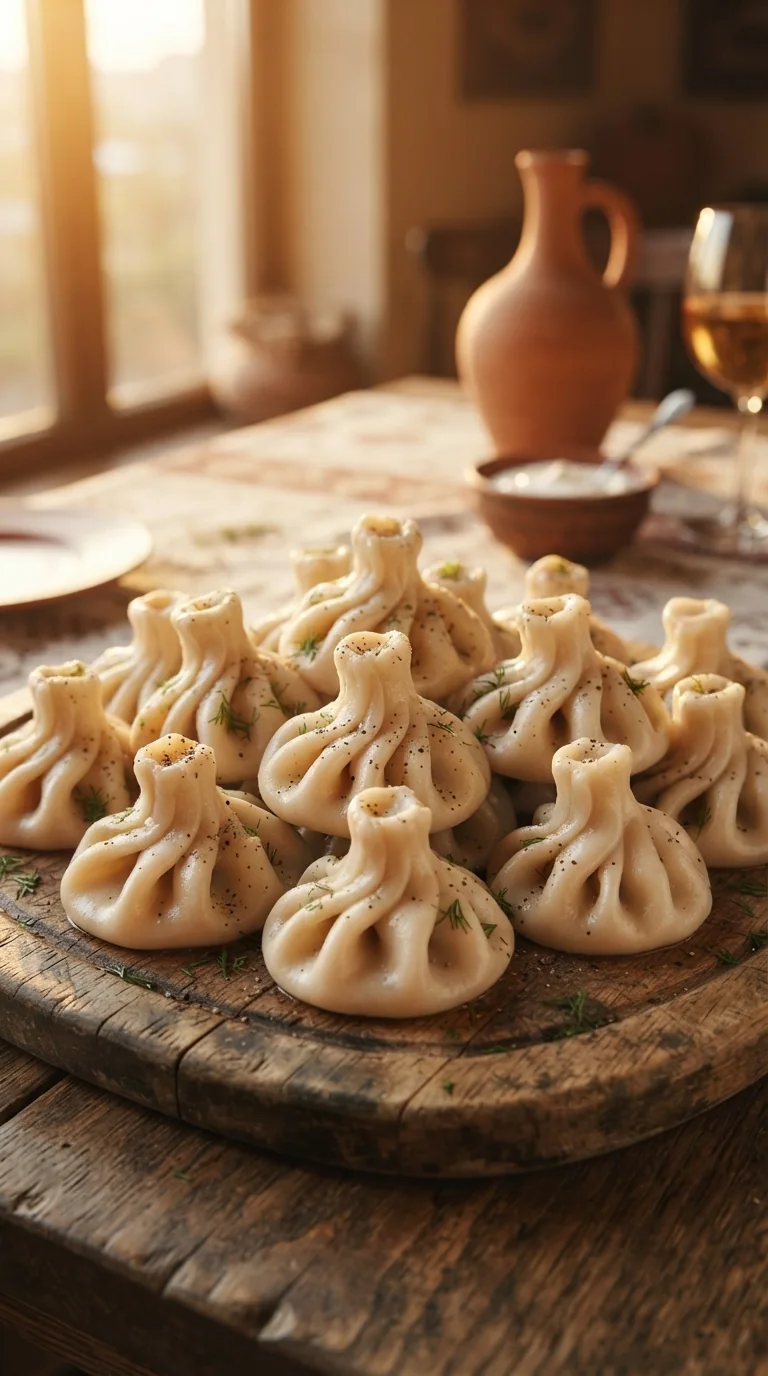 Khinkali géorgiens empilés, pli torsadé caractéristique du sommet bien visible
