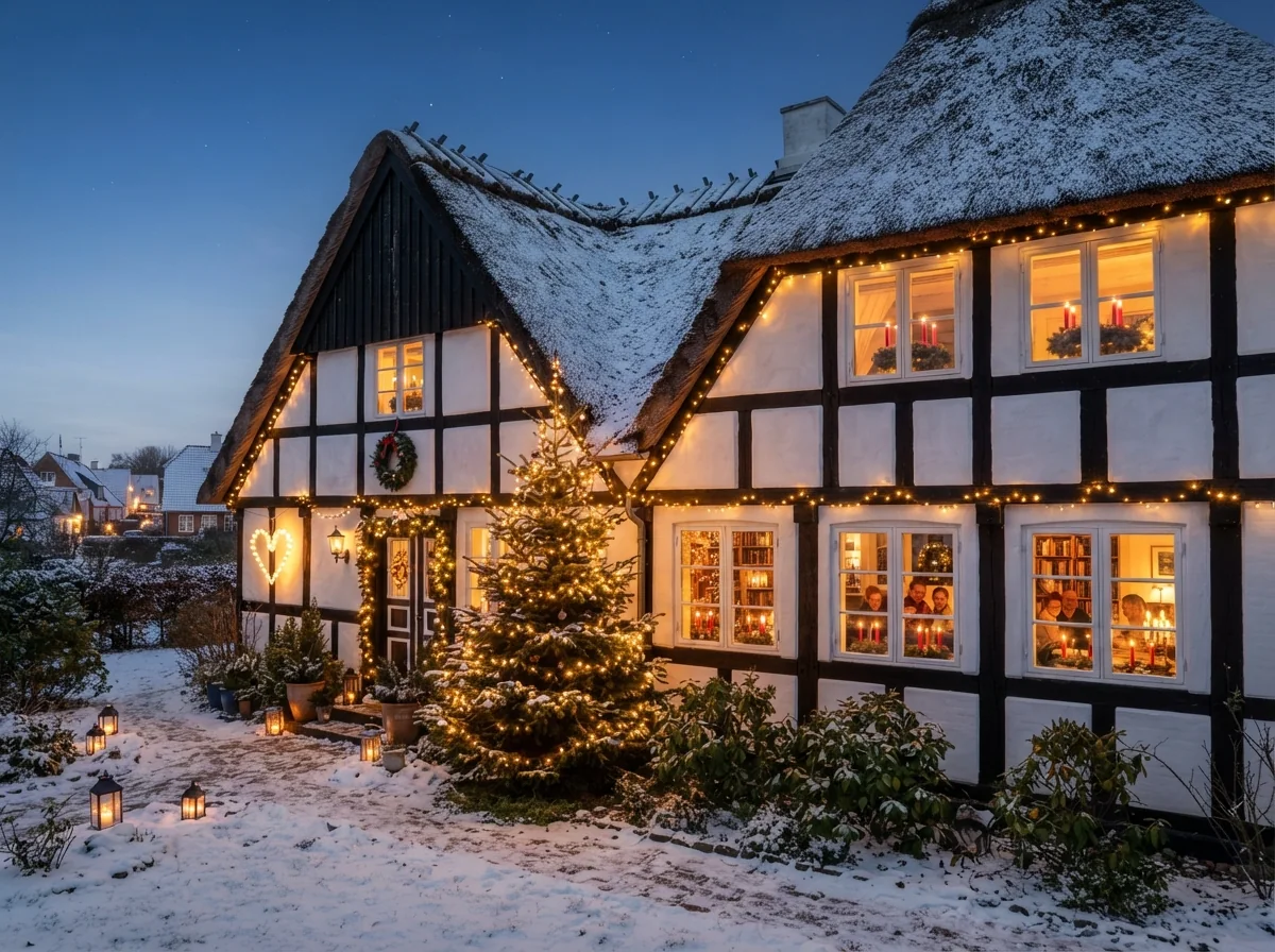 Maison danoise traditionnelle décorée pour les fêtes de Noël