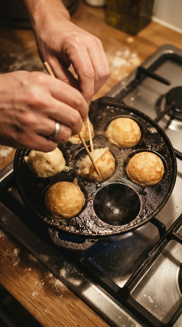 Boules de pâte à æbleskiver retournées avec une brochette dans une poêle traditionnelle à alvéoles
