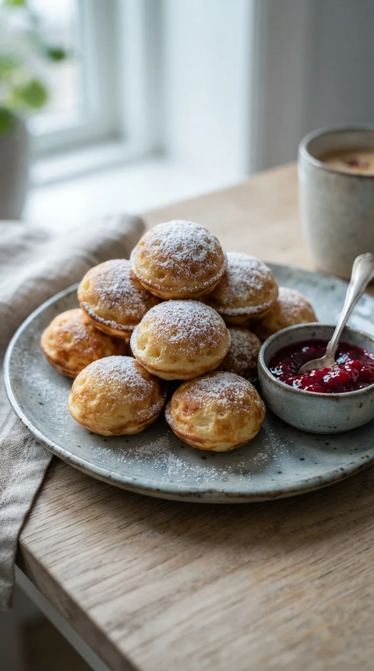 Æbleskiver danois empilés, saupoudrés de sucre glace avec de la confiture