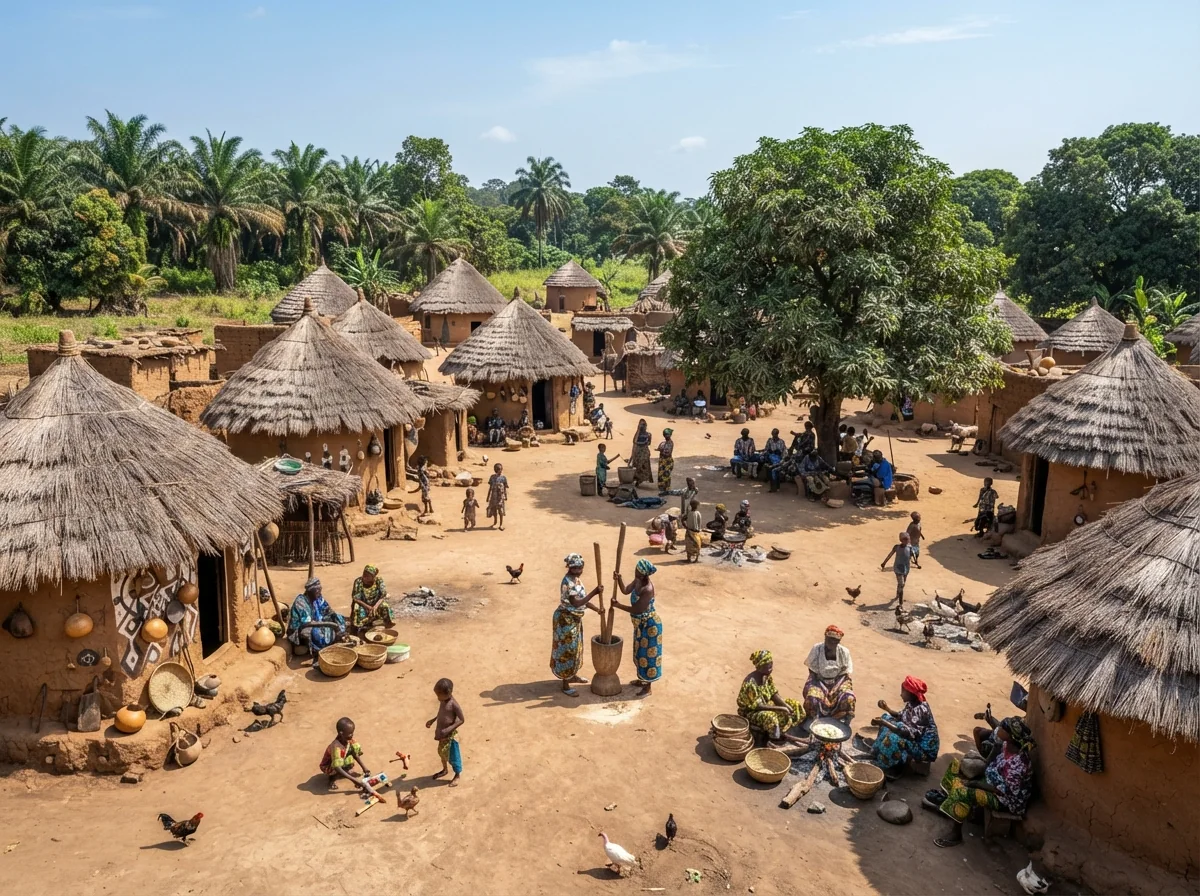 Village ivoirien traditionnel avec cases et cour commune animée