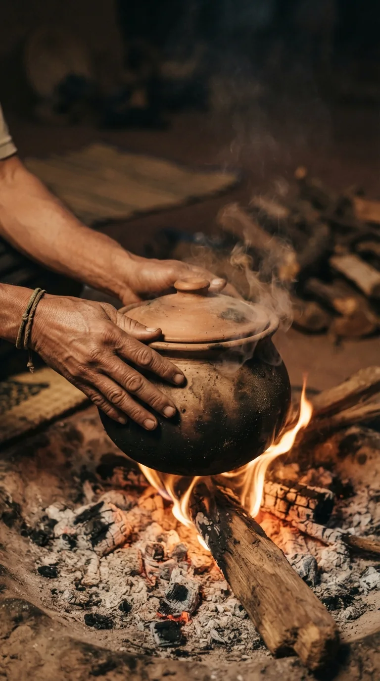 Canari traditionnel fermé secoué doucement au-dessus du feu pendant la cuisson du kedjenou