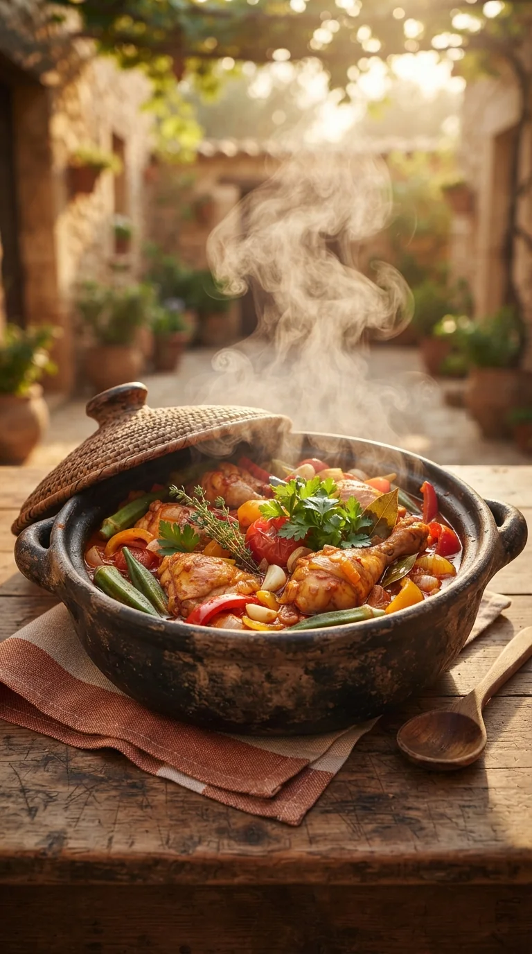 Poulet kedjenou ivoirien fumant dans son canari traditionnel, légumes bien visibles