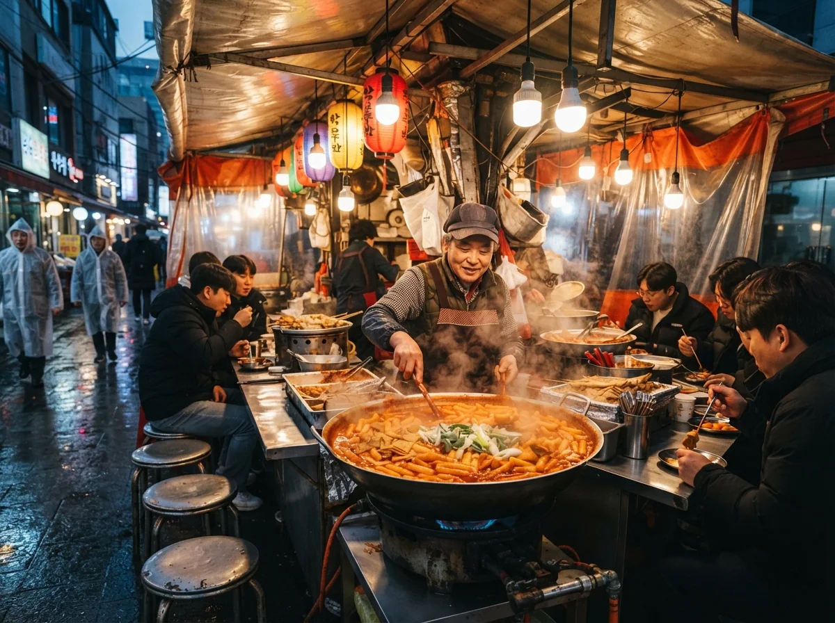 Échoppe de rue coréenne pojangmacha éclairée le soir, spécialisée en tteokbokki