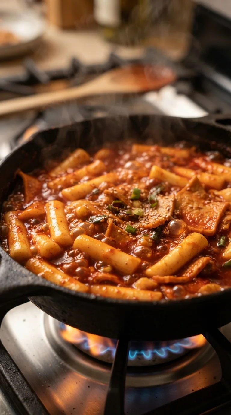 Sauce rouge épicée mijotant et épaississant autour des gâteaux de riz dans une poêle