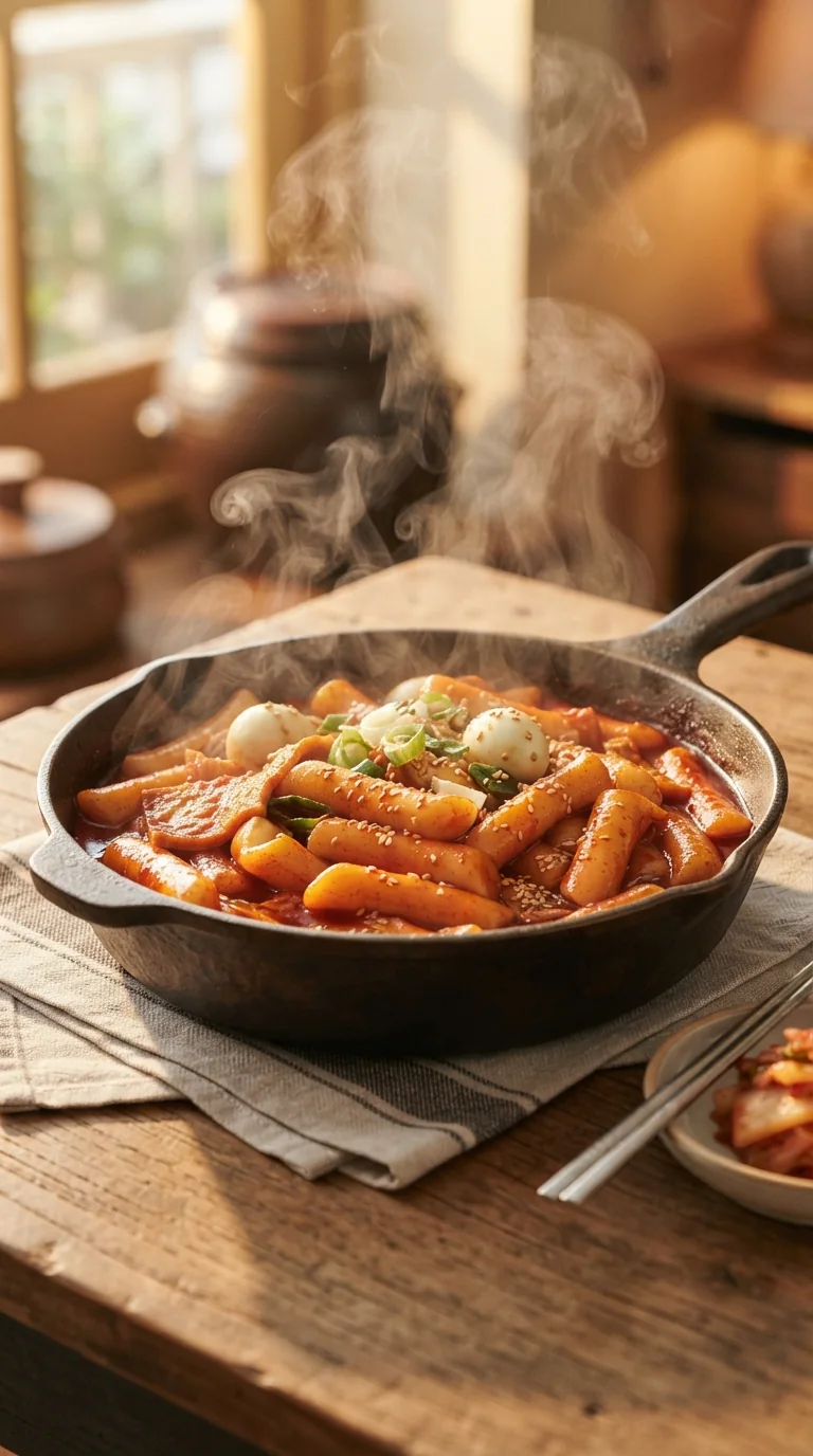 Tteokbokki coréen fumant, gâteaux de riz nappés d’une sauce rouge épicée au gochujang