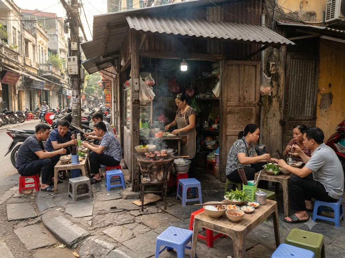 Petite échoppe de rue à Hanoï avec tabourets bas, clients attablés pour un bun cha