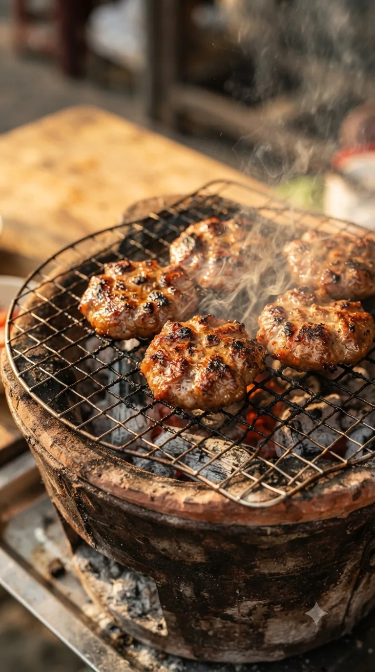 Galettes de porc grillées sur un petit barbecue au charbon, fumée légère visible