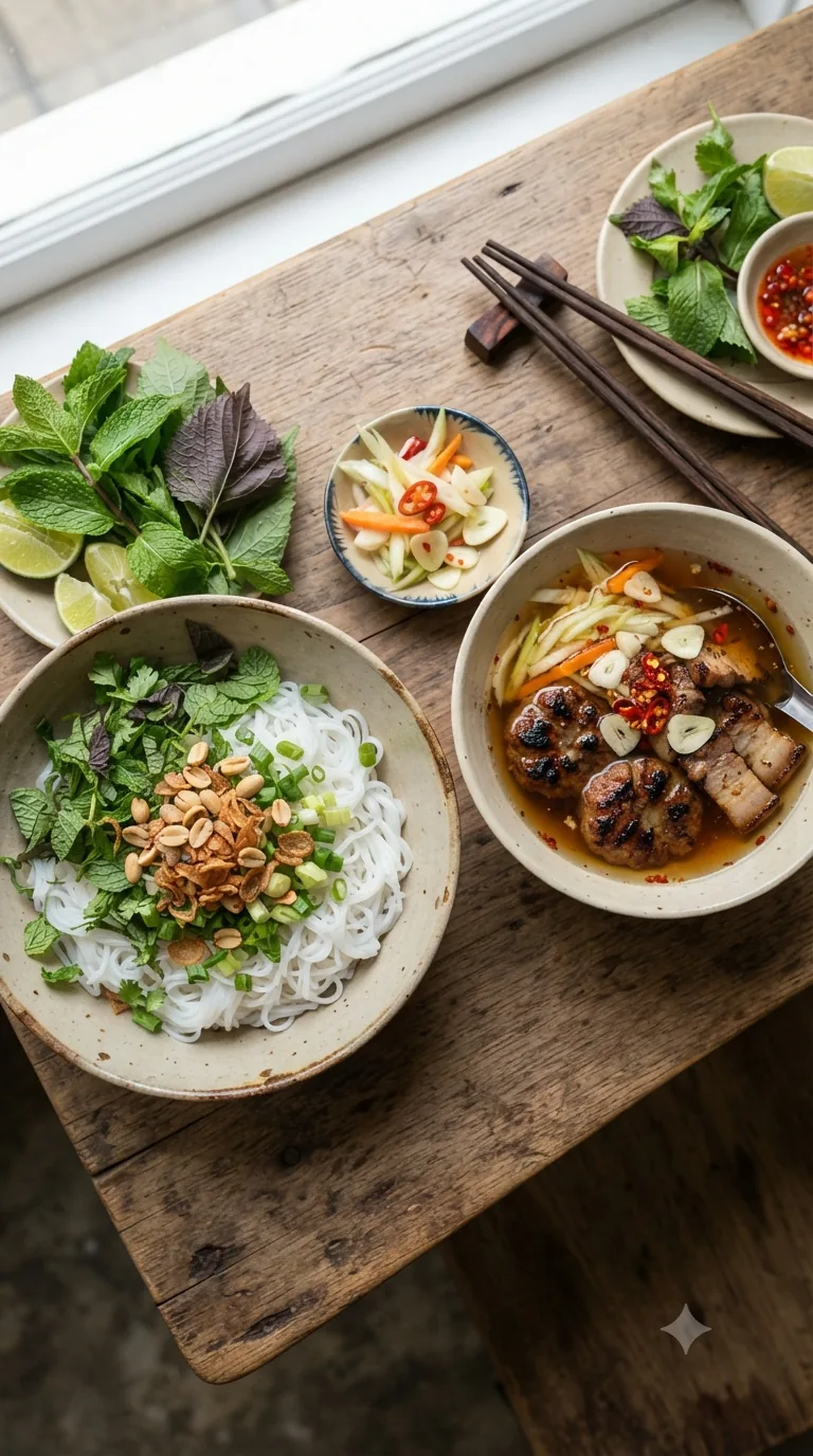 Bun cha vietnamien vu de dessus, vermicelles et herbes à côté d’un bouillon aigre-doux avec galettes de porc grillées