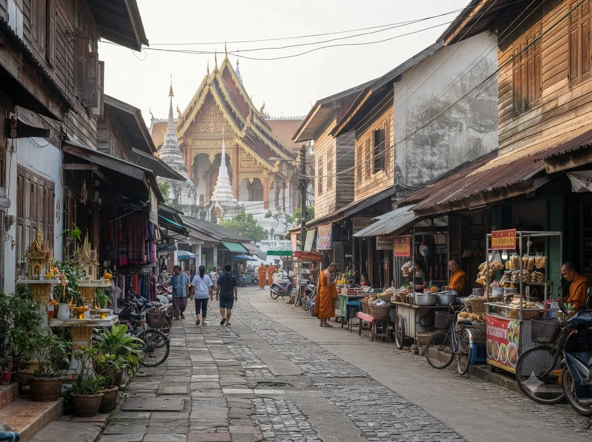Ruelle typique de Chiang Mai avec temples et échoppes en arrière-plan