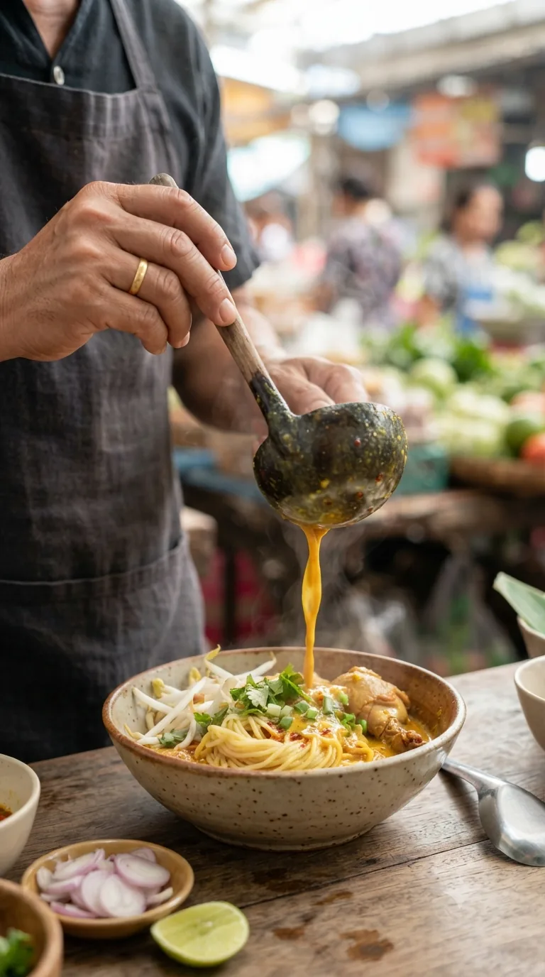 Mains versant un curry de coco doré sur des nouilles fraîches dans un bol