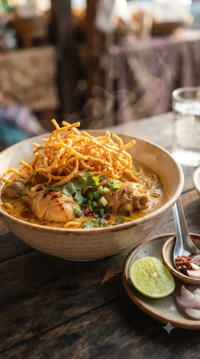 Bol de khao soi thaïlandais fumant, curry de coco doré et nouilles frites croustillantes en surface