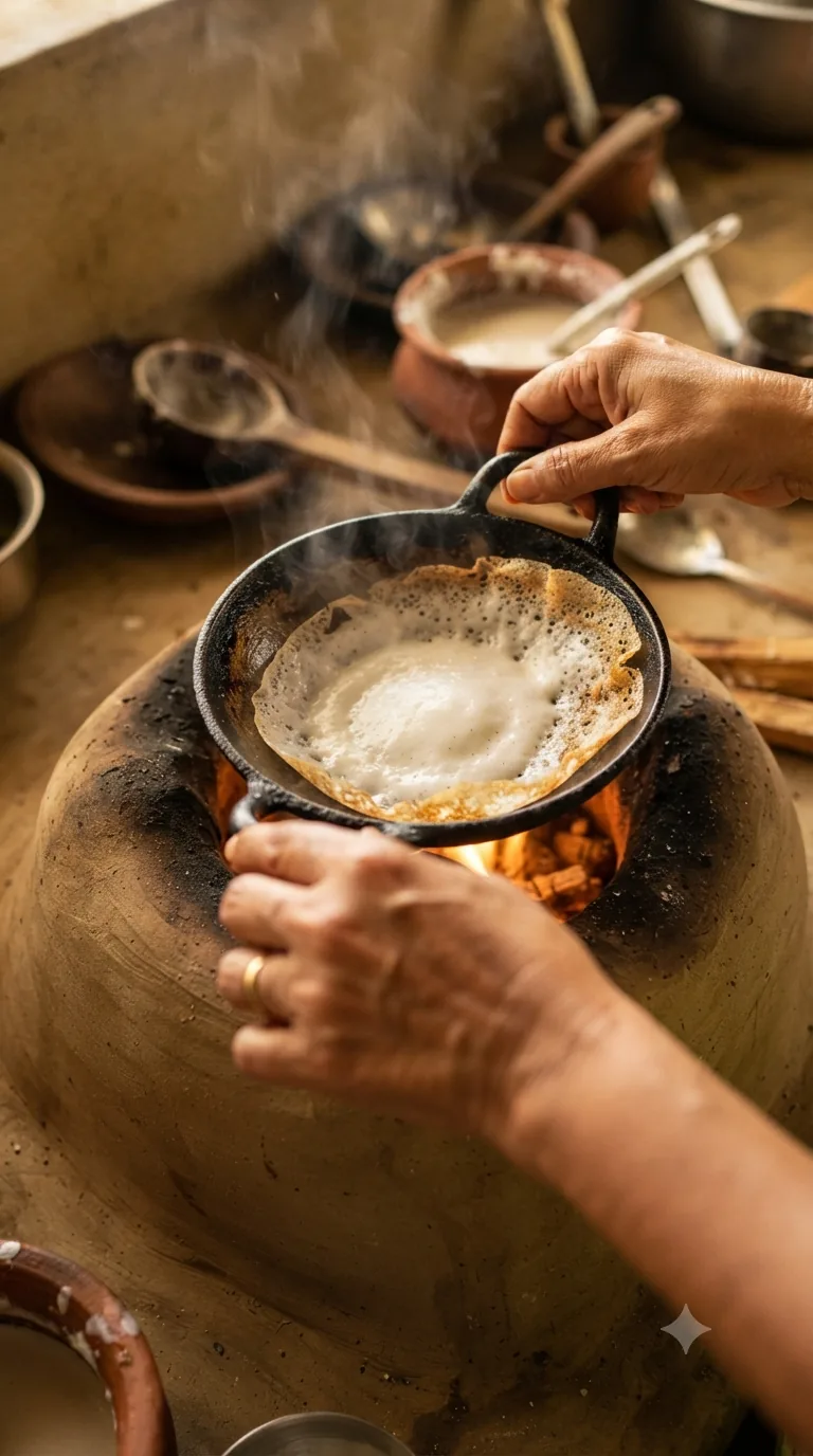 Mains faisant tourner la pâte dans un petit wok traditionnel pour former les bords fins d’un hopper