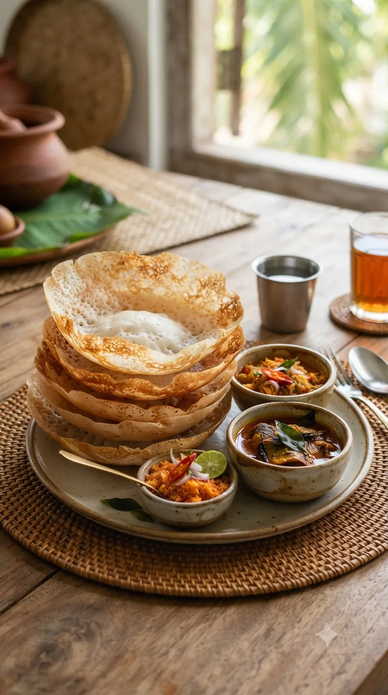 Hoppers sri-lankais empilés aux bords dorés et croustillants, sambal de coco et curry à côté