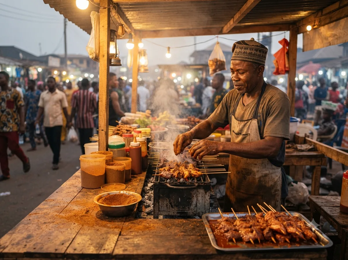 Vendeur de suya préparant ses brochettes sur un stand de rue nigérian le soir