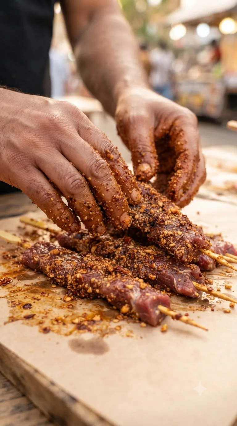 Mains enrobant des lanières de bœuf embrochées d’un mélange épicé aux arachides moulues