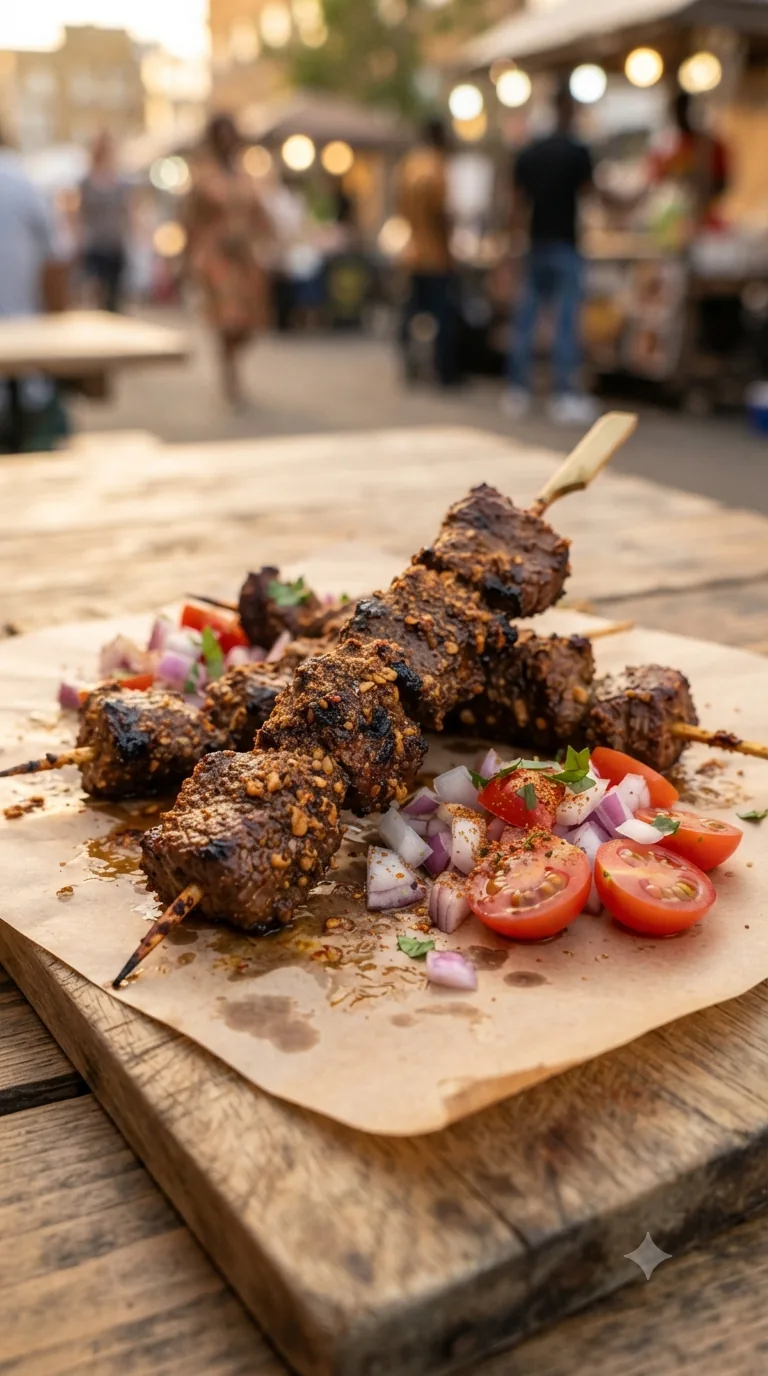 Brochettes de suya nigérian présentées sur papier, croûte épicée visible, oignon et tomate à côté