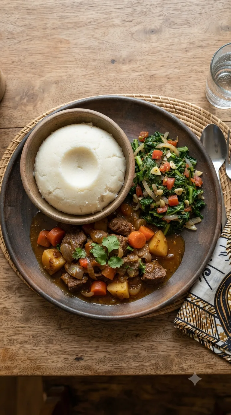 Grand plat d’ugali ferme et lisse vu de dessus, accompagné d’un ragoût et de légumes verts sautés
