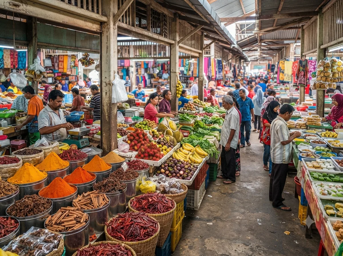 Marché malaisien coloré avec étals d’épices et de produits locaux