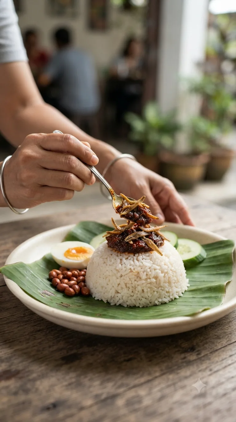 Mains disposant une cuillère de sambal relevé et des anchois croustillants sur un monticule de riz au lait de coco