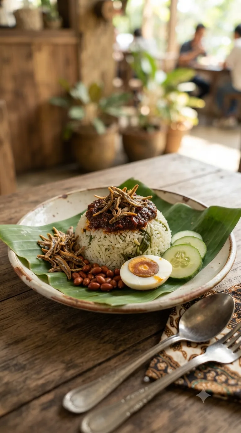 Assiette de nasi lemak malaisien composée sur une feuille de bananier, riz au lait de coco, sambal et anchois
