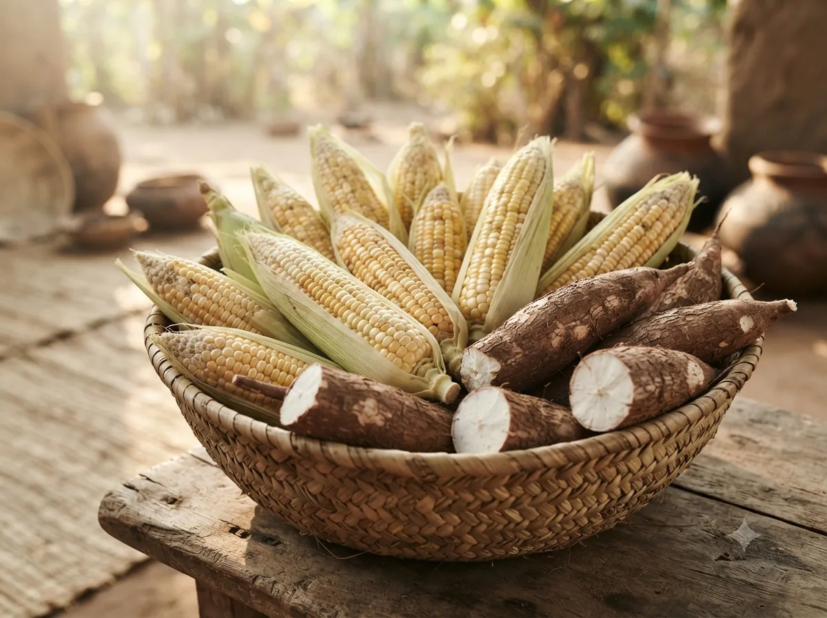 Épis de maïs et racines de manioc fraîchement récoltés dans un panier tressé