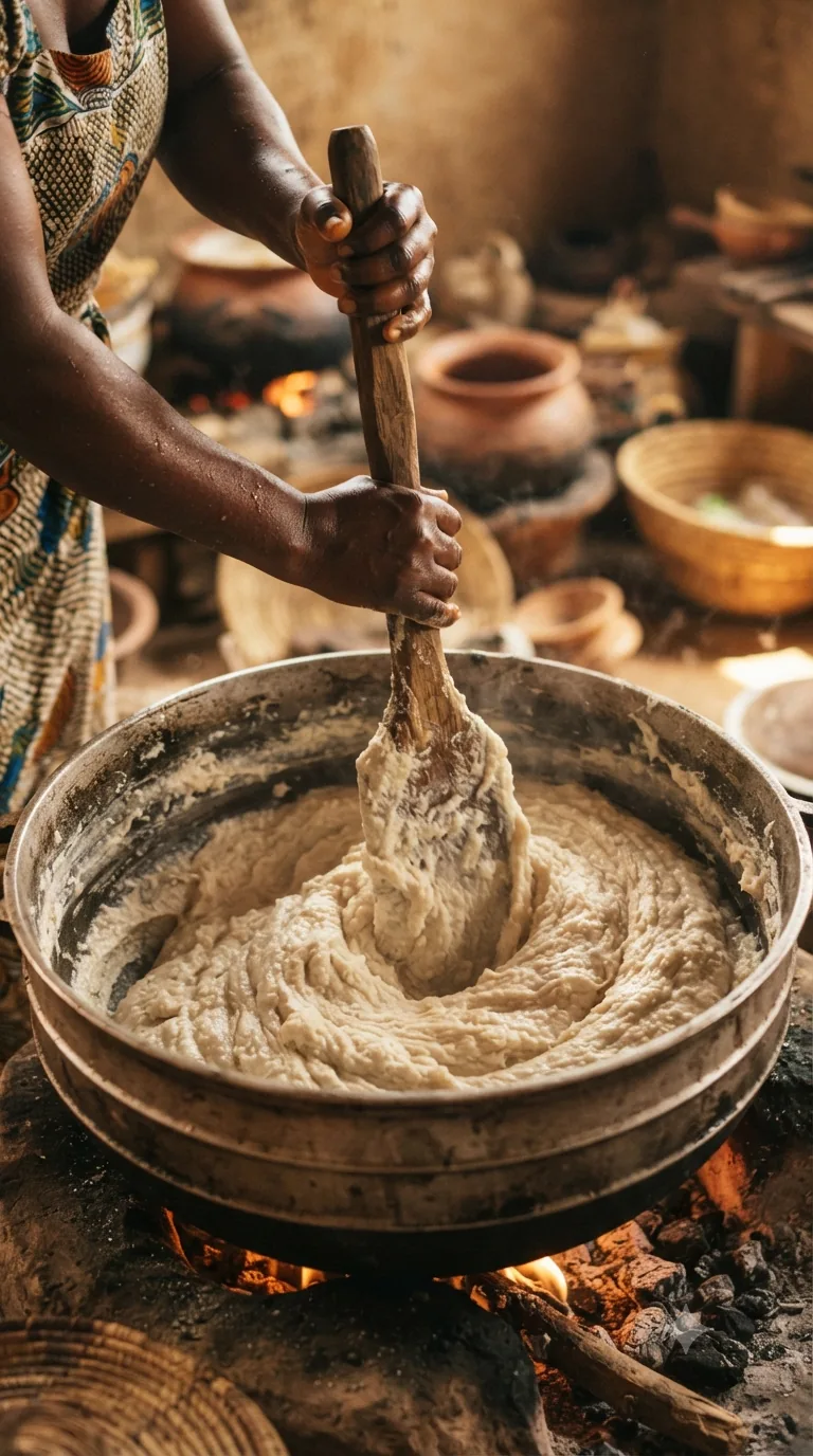 Mains remuant énergiquement une pâte de maïs et de manioc dans une marmite avec une palette en bois