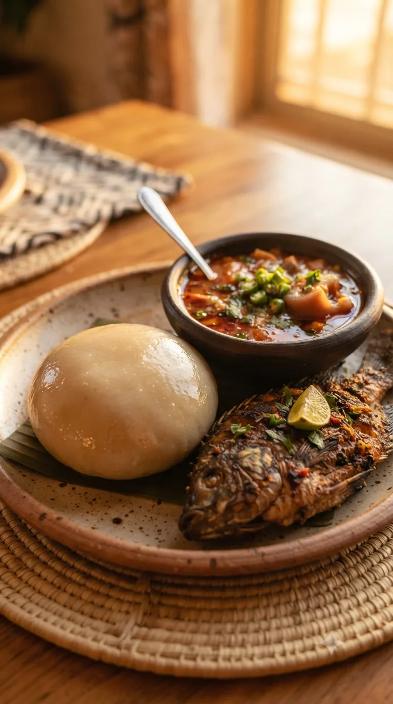 Boule de banku ghanéen lisse et brillante posée à côté d’une soupe pimentée et d’un poisson grillé