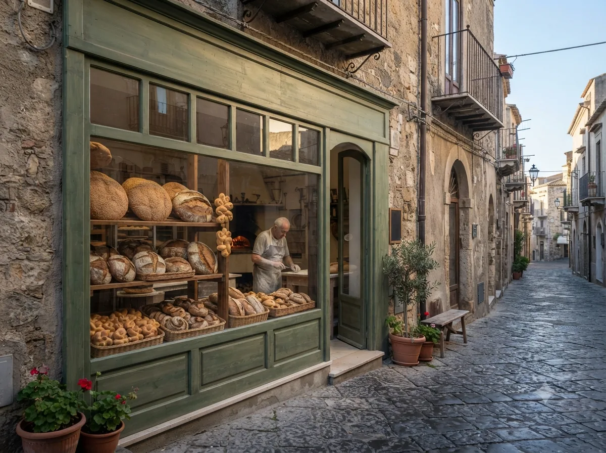 Petite boulangerie sicilienne avec pains rustiques exposés en vitrine