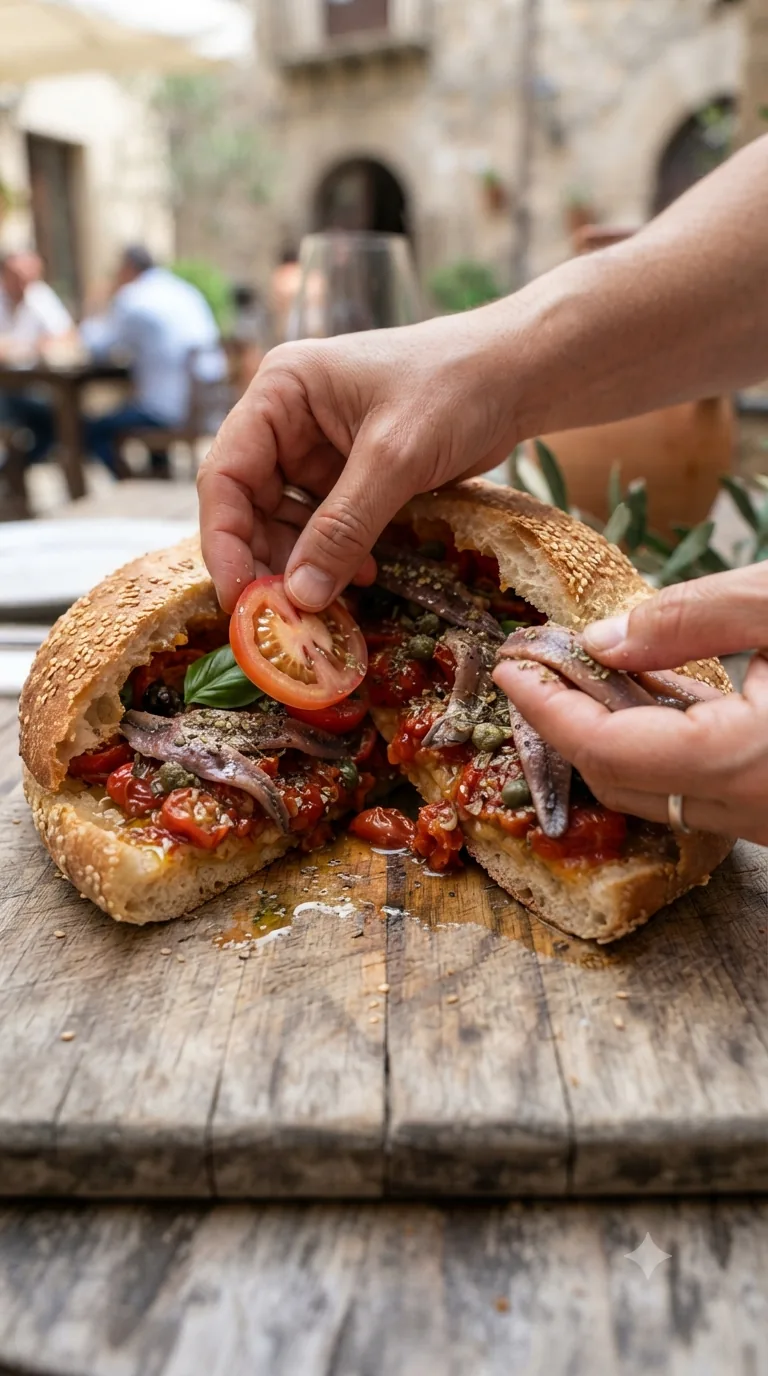 Mains disposant des tranches de tomates, des filets d’anchois et de l’origan sur un pain rustique ouvert