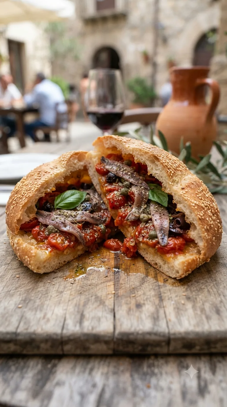 Pane cunzato sicilien coupé en deux, garniture de tomates, anchois et origan bien visible