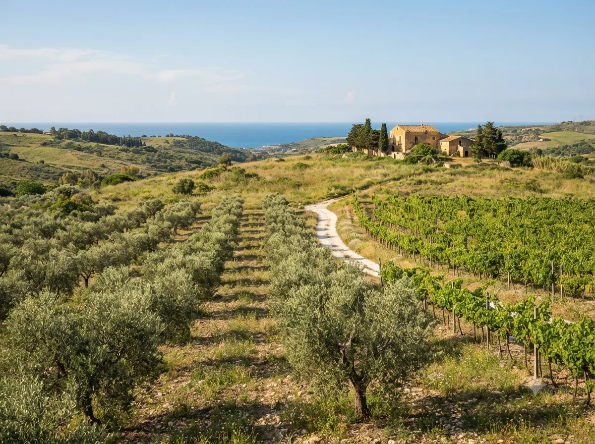 Oliveraie et vignoble siciliens sous la lumière méditerranéenne