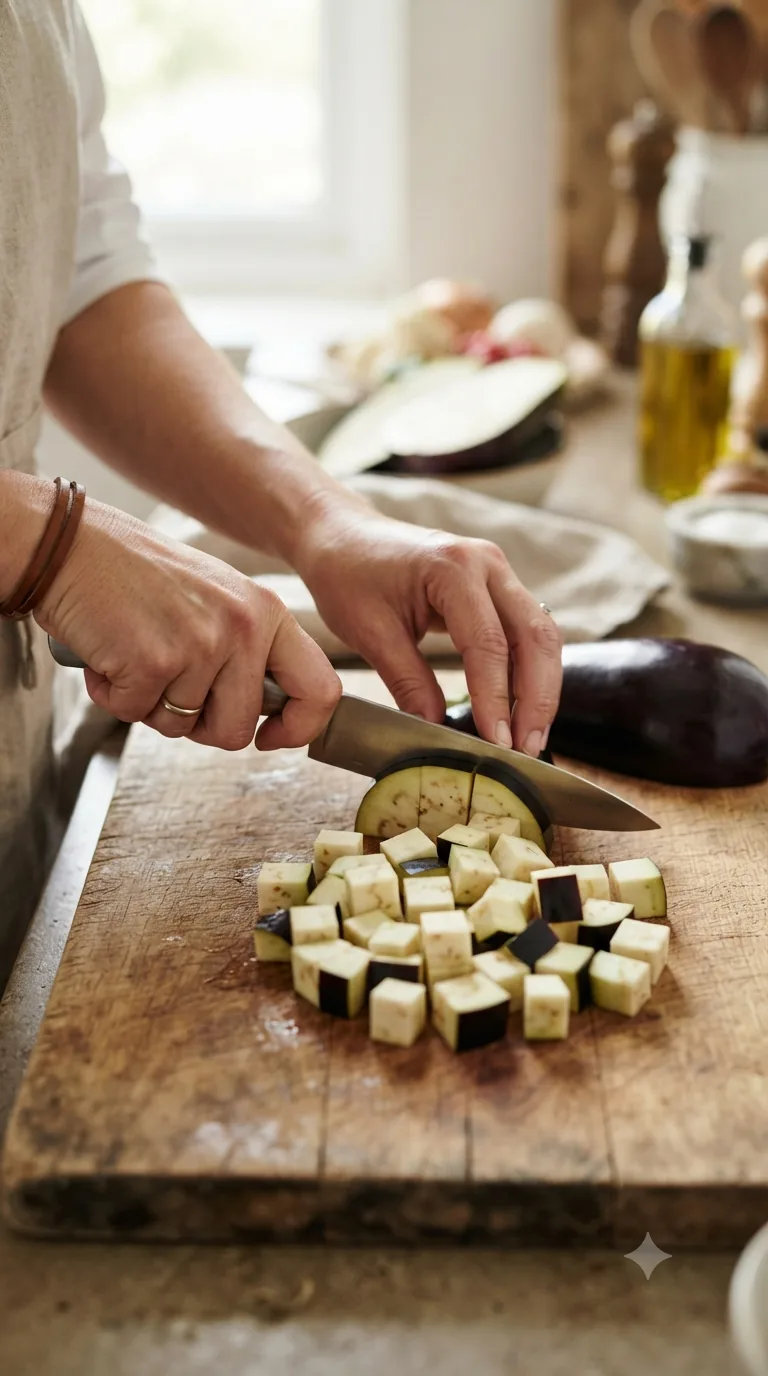 Mains découpant des aubergines en cubes réguliers sur une planche à découper