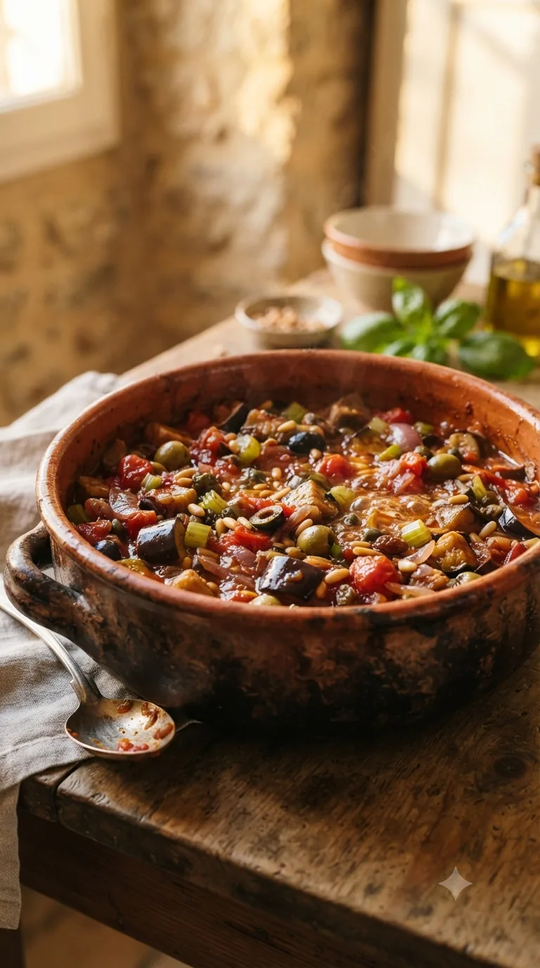 Caponata d’aubergines mijotée aux couleurs vives dans une cocotte en terre cuite