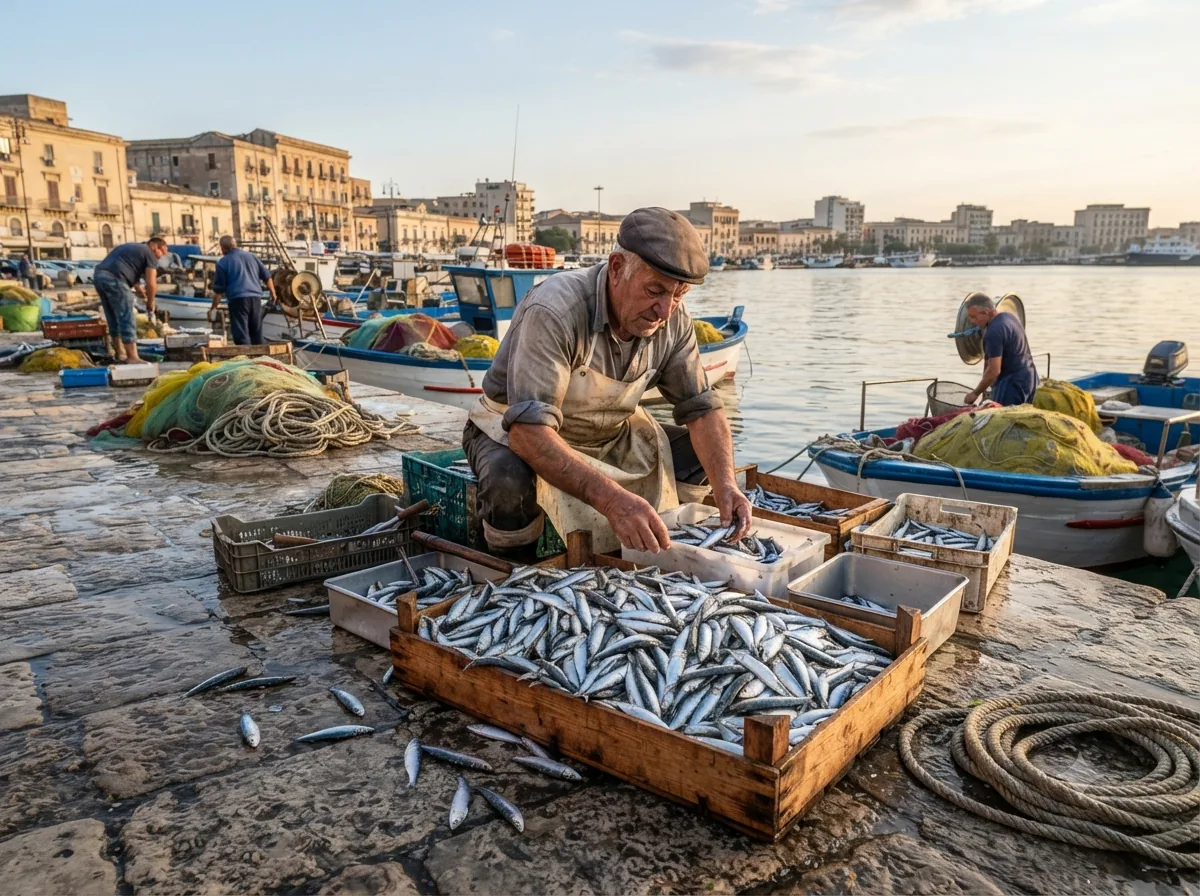 Pêcheur sicilien triant des sardines fraîches sur le quai du port de Palerme