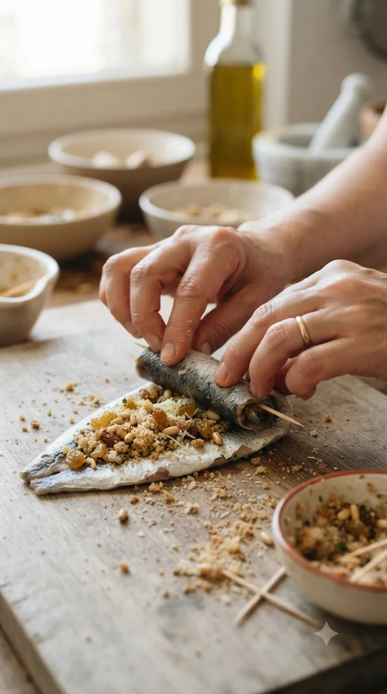 Mains roulant délicatement un filet de sardine garni de chapelure, pignons et raisins secs