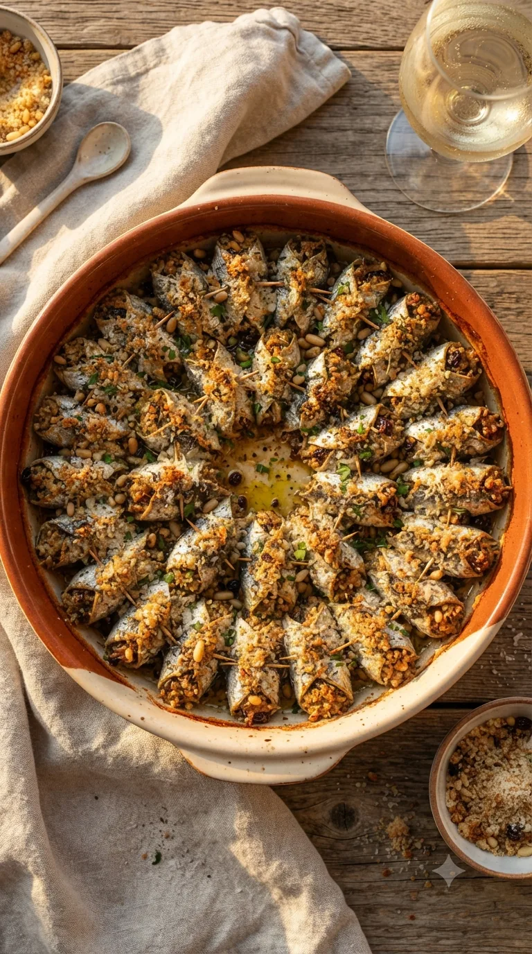 Sardines a beccafico roulées disposées en couronne sur un plat de service, dorées à la sortie du four