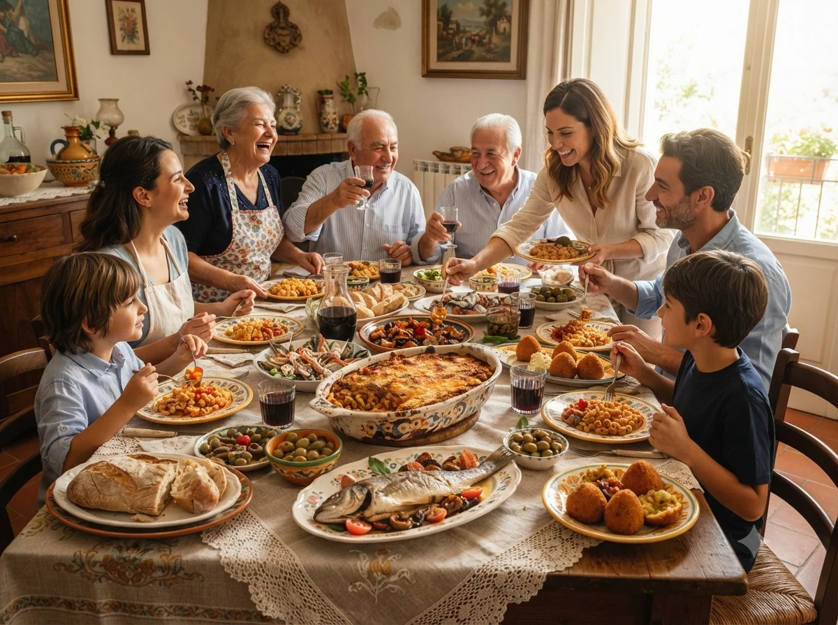 Grande table familiale sicilienne dressée pour un repas de fête, plats partagés