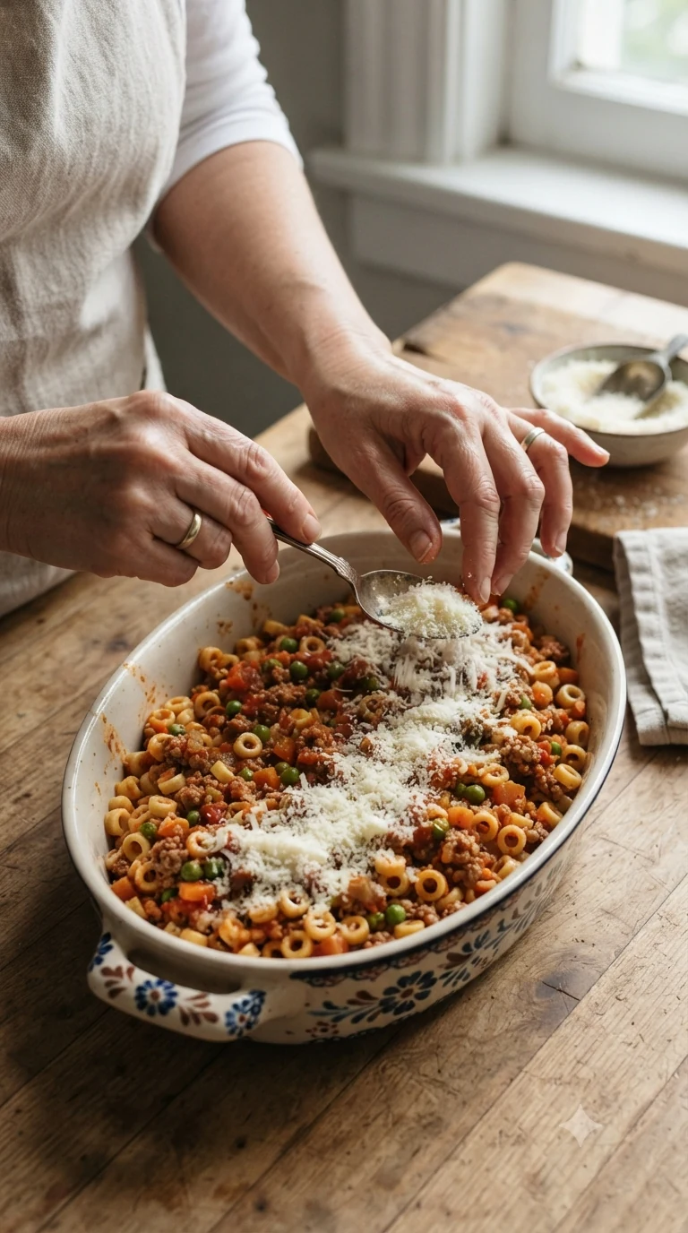 Mains disposant des couches de pâtes en anneaux, de ragù et de fromage dans un plat avant cuisson